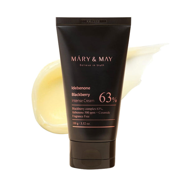 Mary & May Idebenone Blackberry Intense Cream tube with cream smear on white background