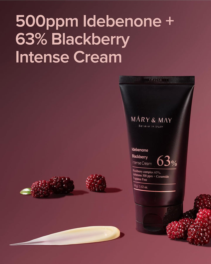 Mary & May Intense Cream with blackberry ingredients on a purple background