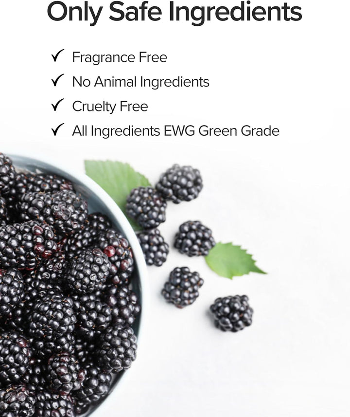 Promotional graphic with text reading 'Only Safe Ingredients' and checkmarks for fragrance-free, no animal ingredients, cruelty-free, and EWG green grade, above a bowl of blackberries on a white background.