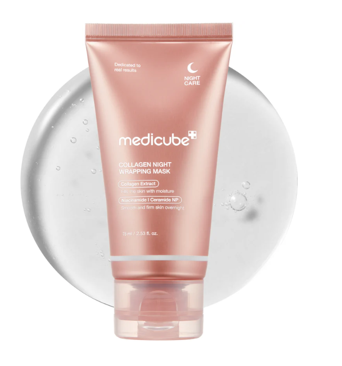 Medicube Collagen Night Wrapping Mask CANADA in a metallic rose gold squeeze tube with a clear cap, set against a white background with a large translucent water droplet graphic.