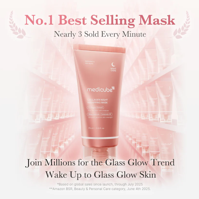 A pink Medicube Collagen Mask tube centered on a light pink promotional background with text reading 'No.1 Best Selling Mask' and 'Nearly 3 Sold Every Minute.