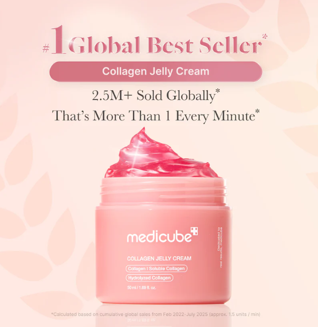 Medicube Collagen Jelly Cream in a pink jar with a swirl of pink jelly on top, set against a pale pink background with promotional text highlighting its global best seller status.
