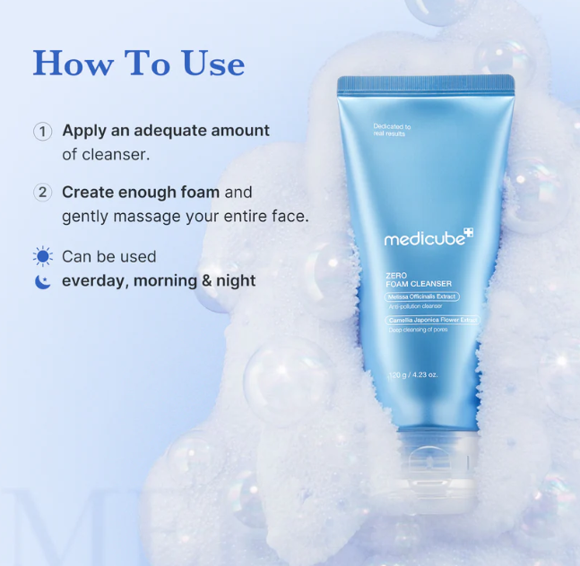 Medicube Zero Foam Cleanser tube in a light blue color, surrounded by white foam bubbles on a light blue background with 'How To Use' instructions on the left.