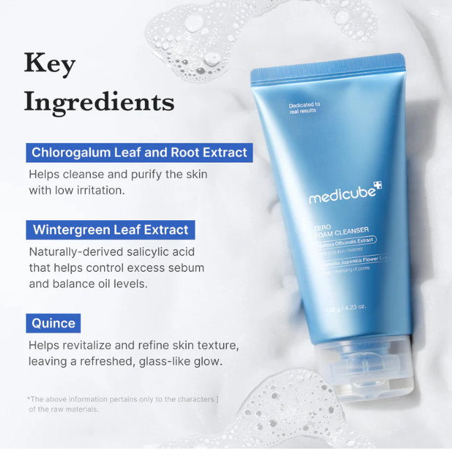 A skincare product advertisement showing a blue tube of medlcube White Clay Cleanser on a white background with decorative soap bubbles. The left side features text detailing key ingredients: Chlorogalum Leaf and Root Extract, Wintergreen Leaf Extract, and Quince.