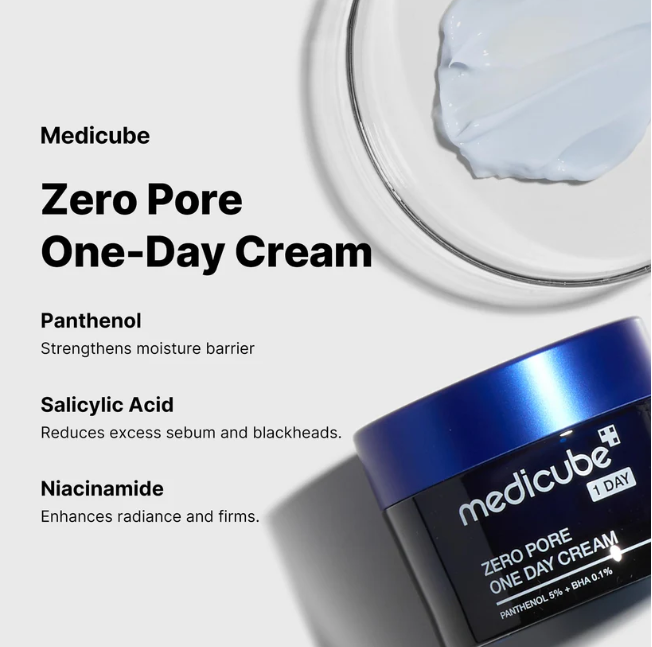 Medicube Zero Pore One-Day Cream in a dark blue and black jar, shown alongside a close-up of a white cream in a glass dish and product text detailing its ingredients on a light gray background.
