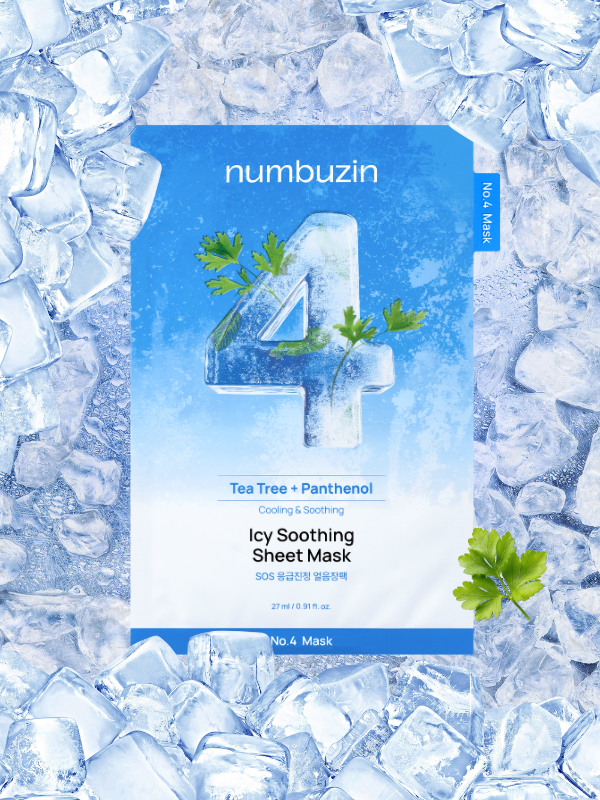 Numbuzin icy soothing sheet mask packaging on a background of ice cubes