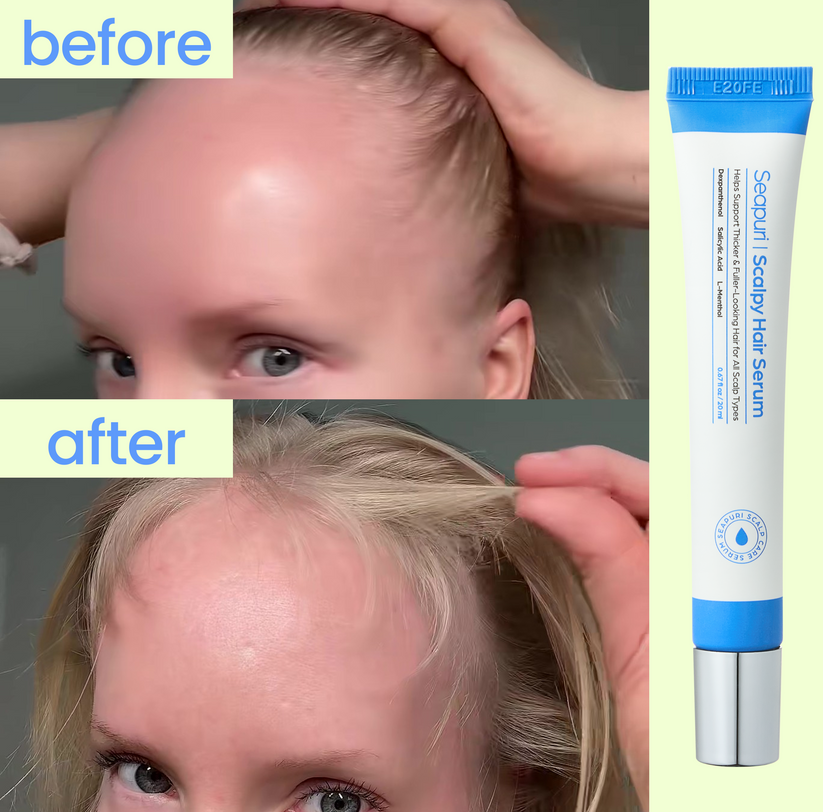 Applying SEAPURI Scalphy Cooling Ampoule directly onto a clean scalp parting line to relieve itchiness and reduce heat.