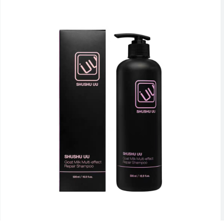 Shushu UU Goat Milk Multi-effect Repair Shampoo shown as a black pump bottle next to its black packaging box on a plain white background.