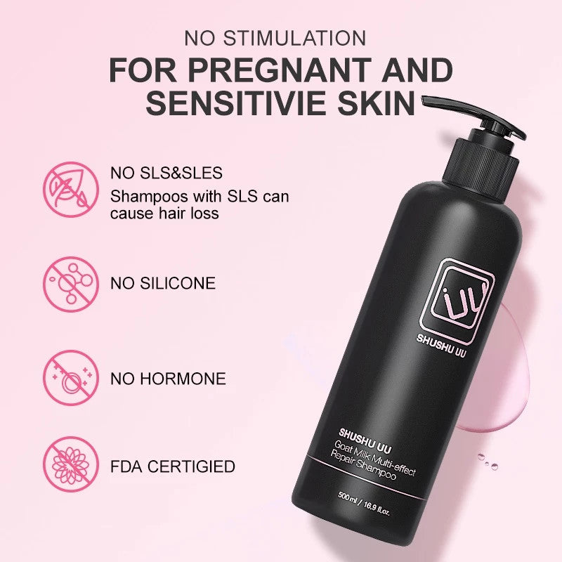 A black pump bottle of SHUSHU LU hair shampoo shown on a light pink background with marketing text and icons stating 'NO STIMULATION FOR PREGNANT AND SENSITIVIE SKIN,' 'NO SLS&SLSES,' 'NO SILICONE,' 'NO HORMONE,' and 'FDA CERTIGIED.'.
