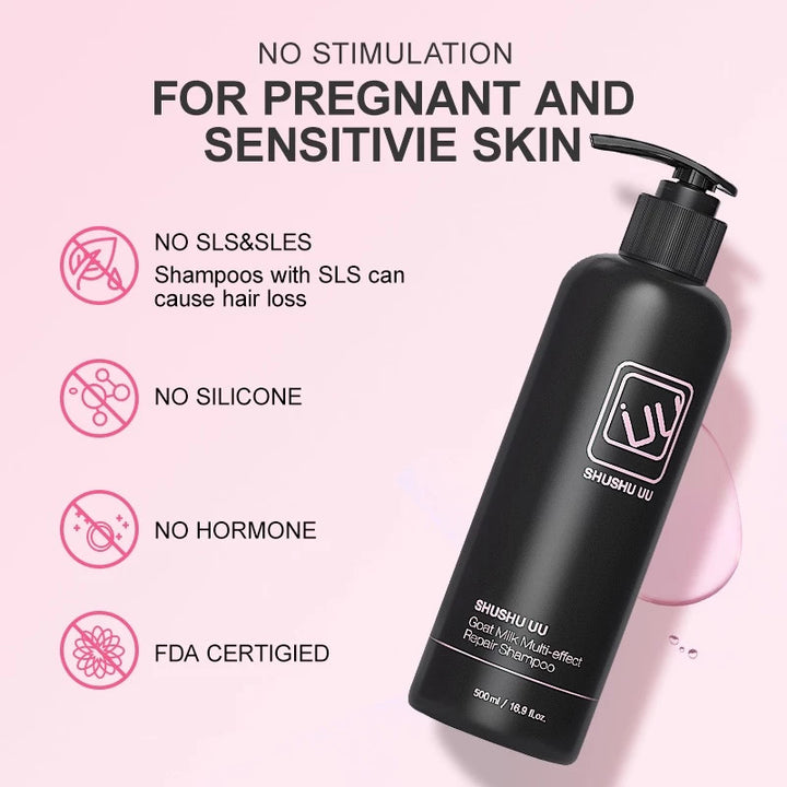 A black pump bottle of SHUSHU LU hair shampoo shown on a light pink background with marketing text and icons stating 'NO STIMULATION FOR PREGNANT AND SENSITIVIE SKIN,' 'NO SLS&SLSES,' 'NO SILICONE,' 'NO HORMONE,' and 'FDA CERTIGIED.'.
