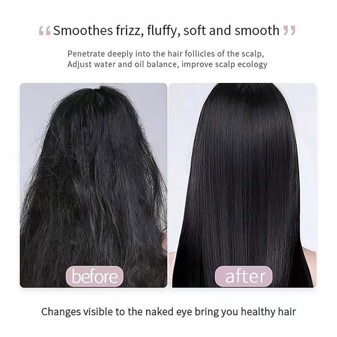 Before-and-after hair smoothing comparison showing frizzy, dry black hair on the left and smooth, shiny black hair on the right, with text describing hair benefits.