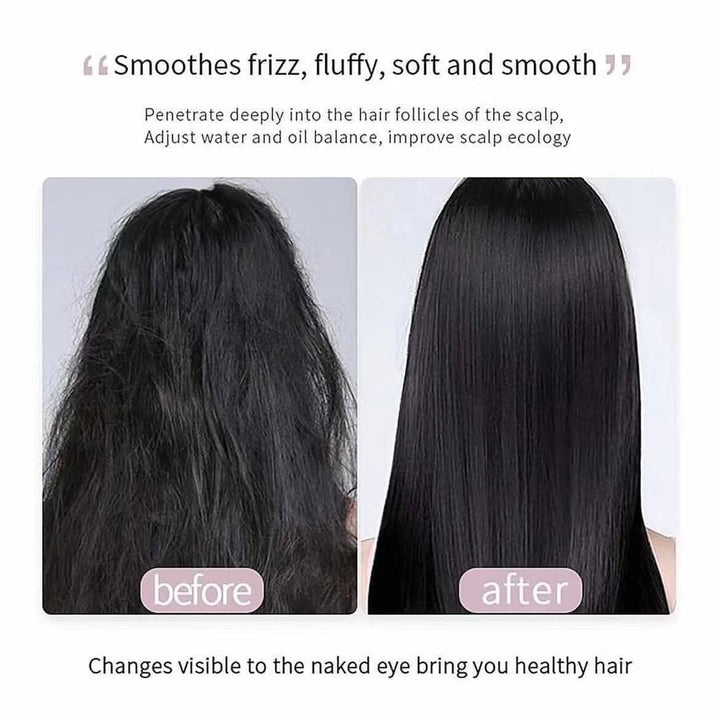 Before-and-after hair smoothing comparison showing frizzy, dry black hair on the left and smooth, shiny black hair on the right, with text describing hair benefits.