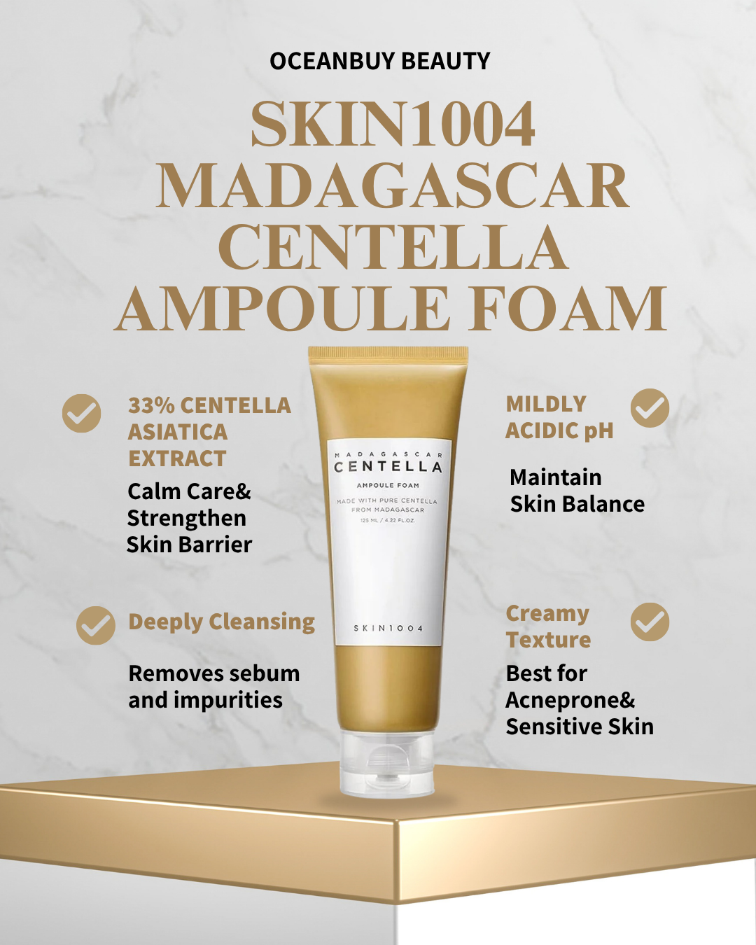 Oceanbuy Beauty Skin1004 Madagascar Centella Ampoule Foam shown on a gold pedestal against a light marble background, with text highlighting key ingredients and benefits.