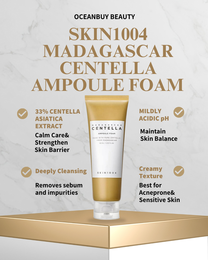 Oceanbuy Beauty Skin1004 Madagascar Centella Ampoule Foam shown on a gold pedestal against a light marble background, with text highlighting key ingredients and benefits.