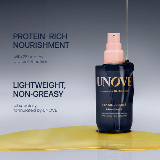 UNOVE silk oil essence bottle with text about protein-rich nourishment and lightweight formula on a gray background.