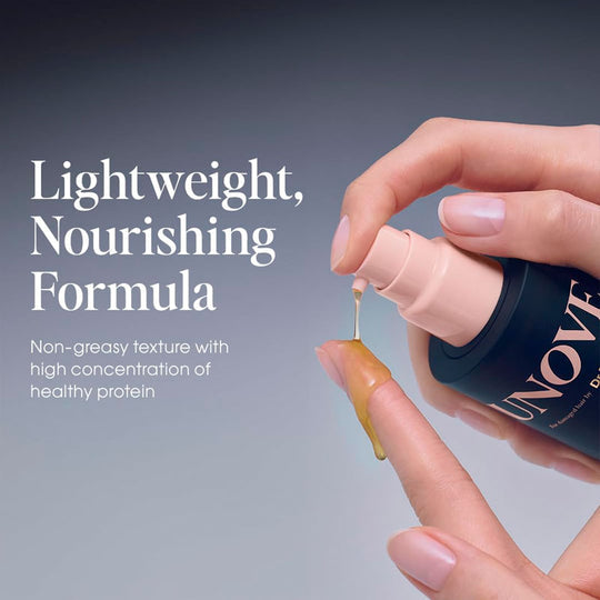 Hand holding a bottle of NOVE hair product with text about its formula.