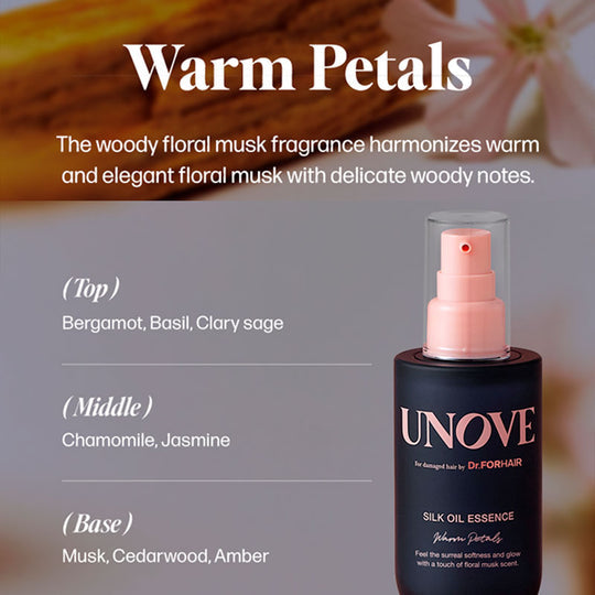 UNOVE Silk Oil Essence 'Warm Petals' fragrance bottle on a dark gray background with descriptive text detailing its warm floral musk scent profile.