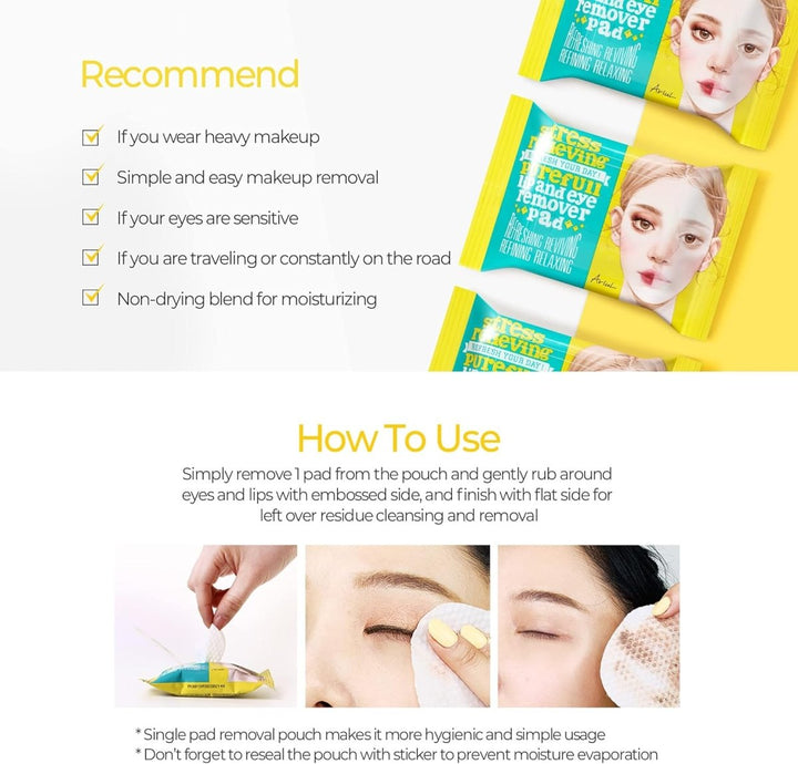 ARIUL Stress Relieving Lip & Eye Remover Pad 30 Pads Health & Beauty oceanbuy.ca markham toronto free ship USA asian korean skincare