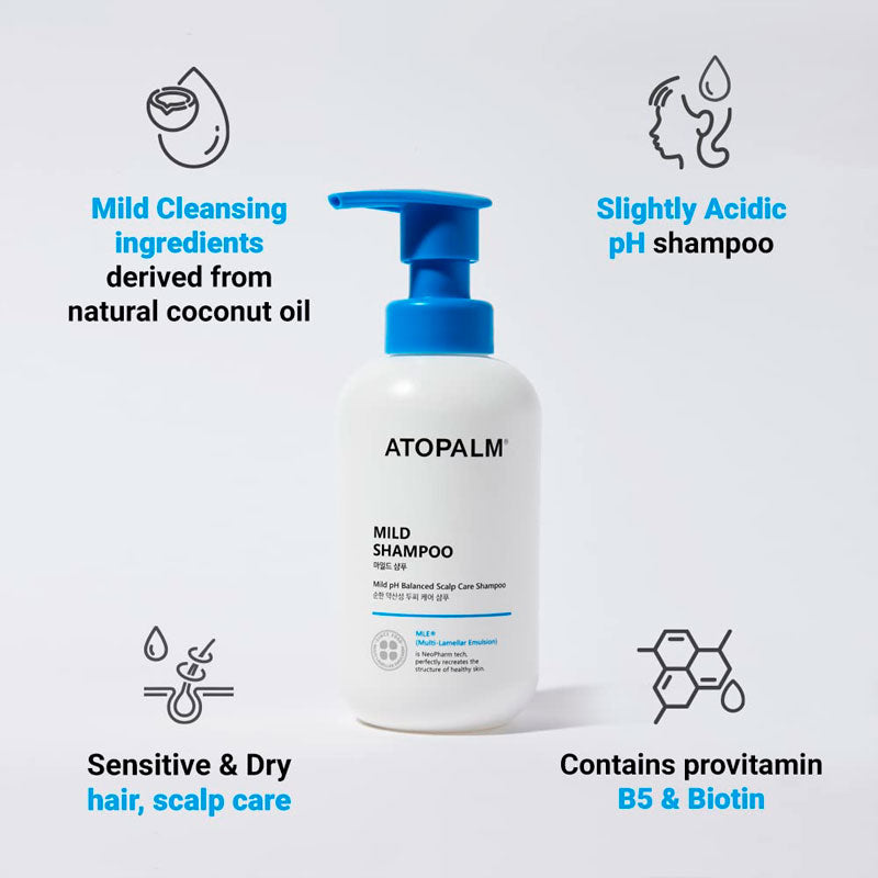 Atopalm Mild Shampoo Hydrating Soothing Sensitive Scalp 300ml HAIR CARE, Shampoo & Conditioner, Shampoo, k-beauty shampoo, hydrating shampoo, sensitive scalp, hair hydration, scalp care, coconut oil hair, biotin hair