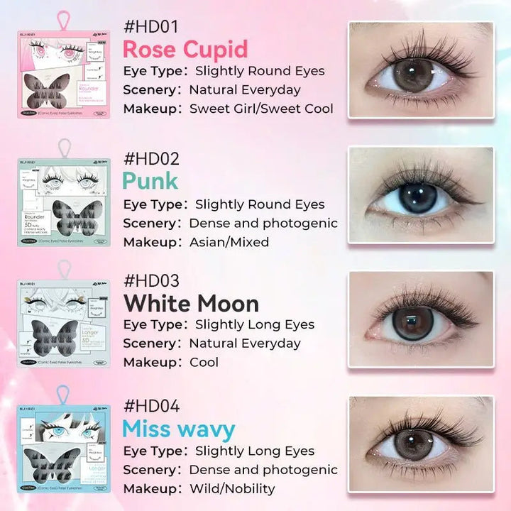BLJ COSMETICS Comic Eyes False Eyelashes, Glue-free Voluminous (4 Styles)