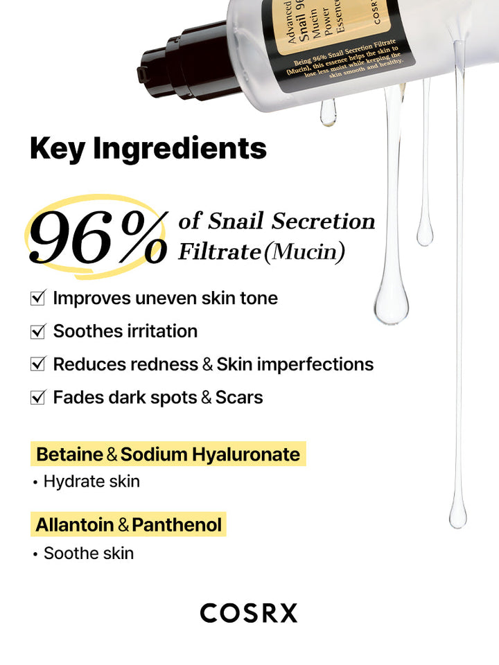 cosrx snail mucin essence with key ingredients listed on a white background