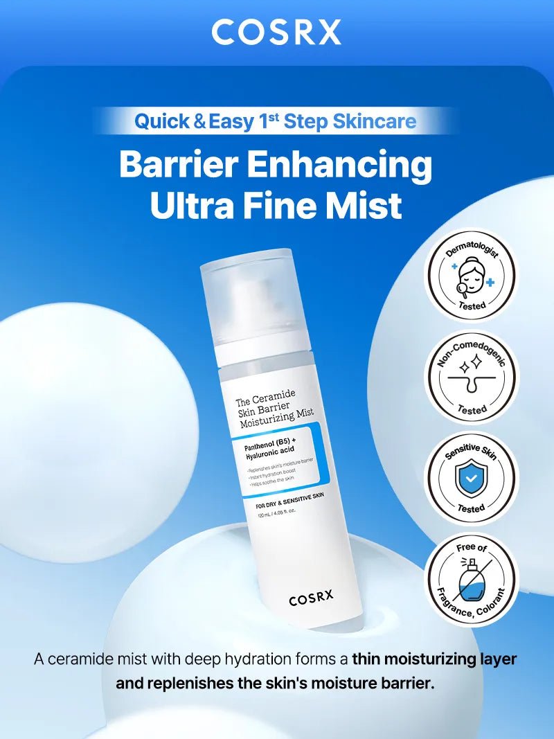 COSRX Barrier Enhancing Ultra Fine Mist on a blue background with product details.