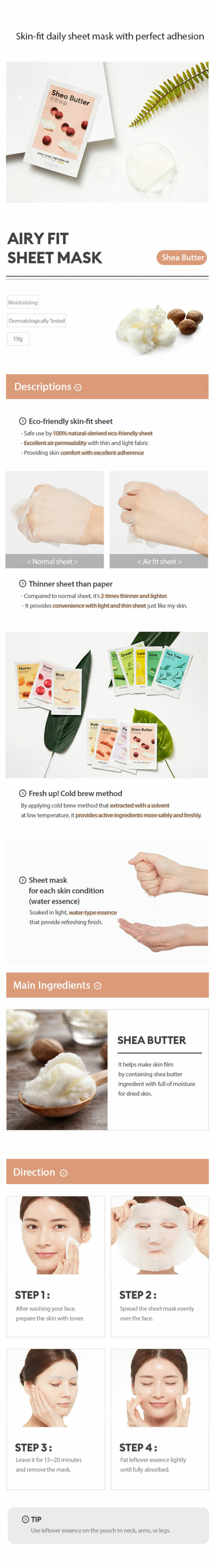 MISSHA Airy Fit Sheet Mask Shea Butter - Moisturizing SKIN CARE, Face Masks, Shea Butter Mask, Korean Sheet Mask, Hydrating Face Mask, Dry Skin Care, Moisture Barrier Support, K-Beauty Skincare, Nourishing Mask