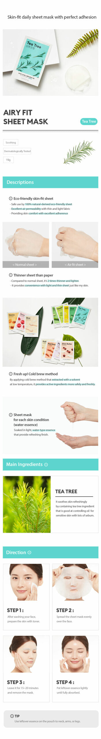 MISSHA Airy Fit Sheet Mask Tea Tree Soothing Moisturizing 1 pc SKIN CARE, Face Masks, Tea Tree Mask, Korean Skincare Mask, Soothing Face Mask, Hydrating Sheet Mask, Blemish Appearance Care, Skin Balance K-Beauty, MISSHA Mask