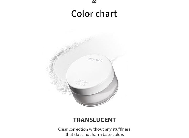 MISSHA Airy Pot Powder Translucent Sebum Control 9g Missha Airy Pot Powder, K-Beauty Setting Powder, Sebum Control, Translucent Face Powder, Mattifying Makeup, Korean Base Makeup, Oil Absorbing Powder