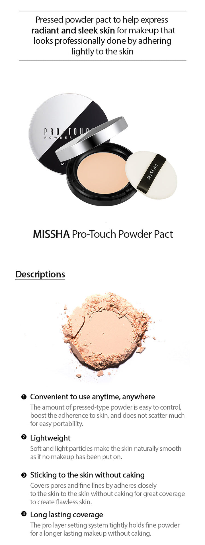 MISSHA Pro Touch Powder Pact Smooth Finish Powder 10g MAKEUP, Face, Setting Spray & Powder, Korean pressed powder, K-beauty base makeup, Oil control powder, Pore blurring makeup, Smooth finish powder, Setting powder, Matte finish makeup
