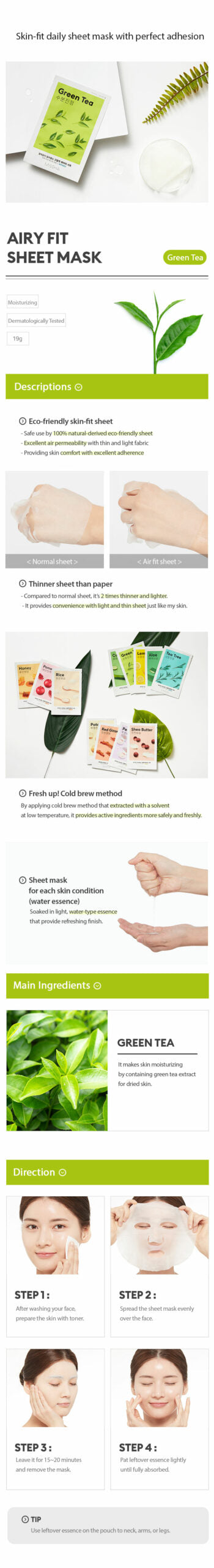 MISSHA Airy Fit Sheet Mask Green Tea Moisturizing 1 Sheet