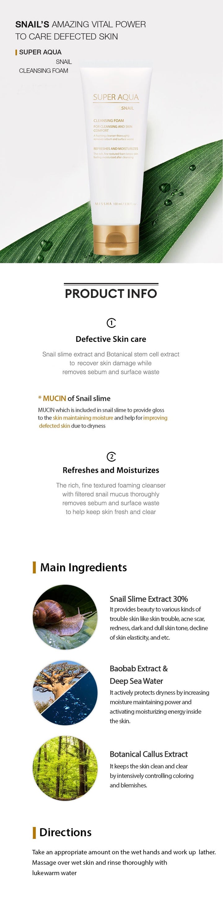 MISSHA Super Aqua Snail Cleansing Foam Snail Mucin 100ml SKIN CARE, Cleansers, Face Wash, Snail Mucin Cleanser, Korean Foam Cleanser, Hydrating Face Wash, Skin Barrier Support, Radiant Skin Appearance, Gentle Daily Cleansing