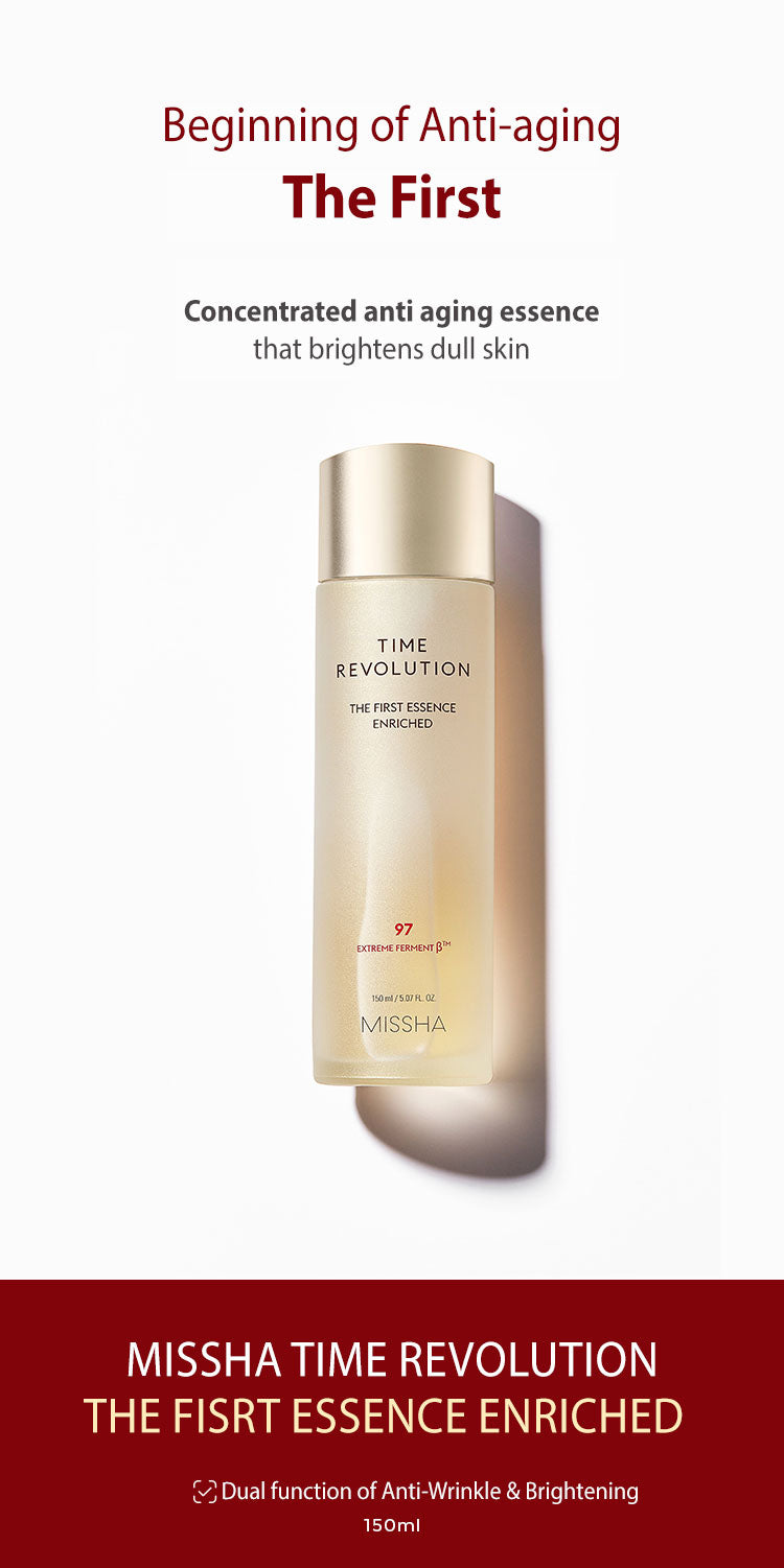 MISSHA Time Revolution The First Essence Enriched - Revitalizing Essence 150ml SKIN CARE, Toners, Korean beauty essence, Hydrating toner, Skin barrier support, Fermented skincare, Beta Glucan, Cica Ferment, MISSHA Time Revolution