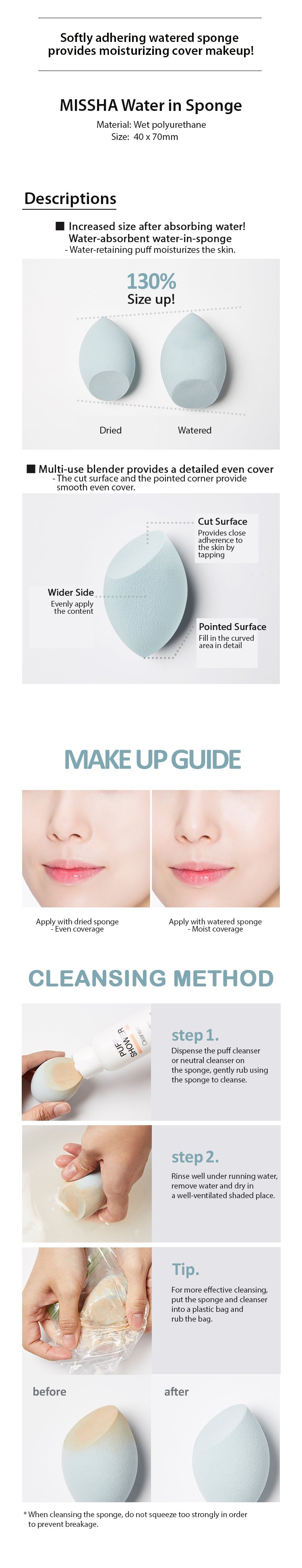 MISSHA Water In Sponge Complexion Blending Makeup Sponge MISSHA Blending Sponge, Korean Makeup Sponge, Complexion Accessory, Flawless Finish, Hydrophilic Applicator, K-Beauty Tool, Dewy Makeup