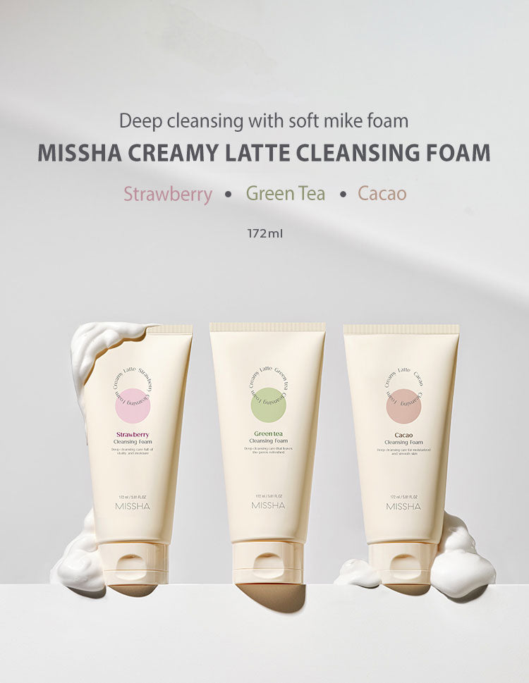 MISSHA Creamy Latte Cleansing Foam Milk Ingredients 172ml SKIN CARE, Cleansers, Face Wash, Korean Cleanser, Hydrating Face Wash, Milk Skincare, Green Tea Extract, Strawberry Extract, Gentle Foam Cleanser, Skin Barrier Support