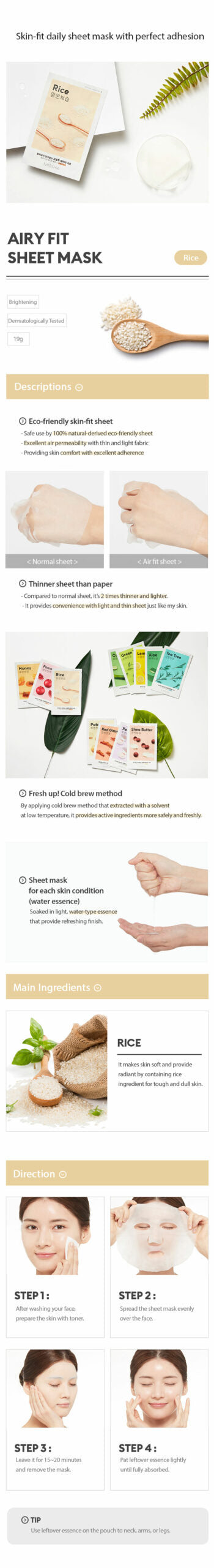 MISSHA Airy Fit Sheet Mask Rice - Hydrating Soothing SKIN CARE, Face Masks, Korean Sheet Mask, Rice Extract, Hydrating Face Mask, Dull Skin, Uneven Skin Tone, Missha Skincare, Radiant Complexion