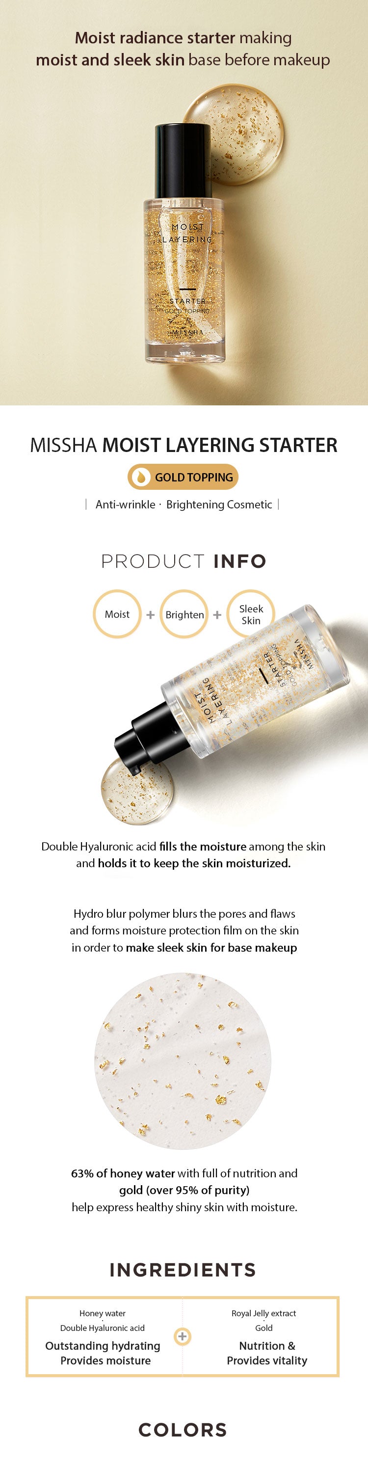 MISSHA Moist Layering Starter Gold Topping Hydrating Primer 30ml MAKEUP, Face, Primer, Hydrating Primer, K-Beauty Base Makeup, Dewy Finish, Hyaluronic Acid, Skin Radiance, Korean Primer, Glowy Skin