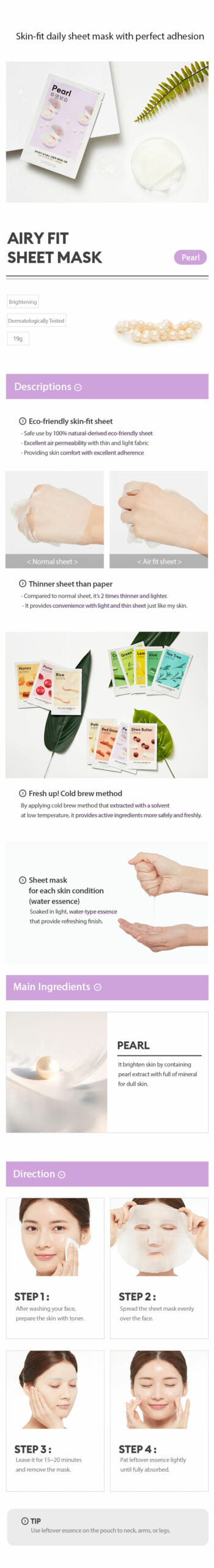 MISSHA Airy Fit Sheet Mask Pearl Intense Moisturizing 1 Mask SKIN CARE, Face Masks, K-Beauty Mask, Pearl Sheet Mask, Radiant Skin, Hydrating Face Mask, Dull Skin Solution, Korean Skincare, Brightening Mask
