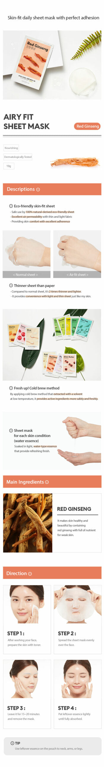 MISSHA Airy Fit Sheet Mask - Red Ginseng Hydrating SKIN CARE, Face Masks, Red Ginseng Mask, Korean Sheet Mask, Hydrating Face Mask, Skin Barrier Support, Dull Skin Radiance, K-Beauty Skincare, Moisture Boost