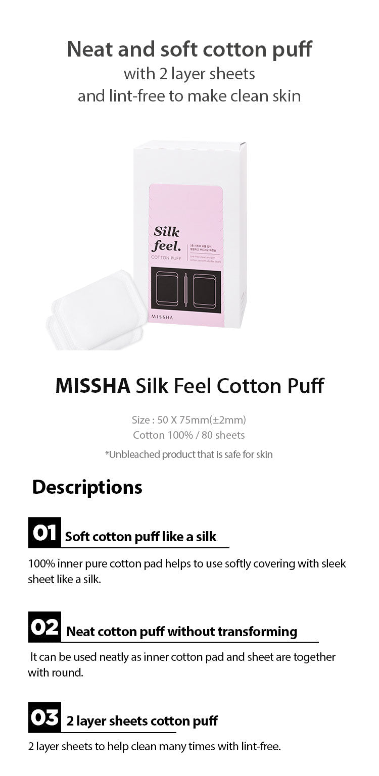 MISSHA Silk Feel Cotton Puff - Double Layer Gentle Skincare Korean cotton pads, skincare accessories, gentle toner application, lint-free pads, hydration support, Missha cotton puff, double layer cotton