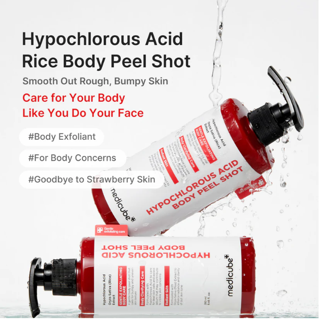 Two bottles of Medlcube Hypochlorous Acid Rice Body Peel Shot floating in water with splashing droplets. The bottles are white with red and black text and black pump dispensers.