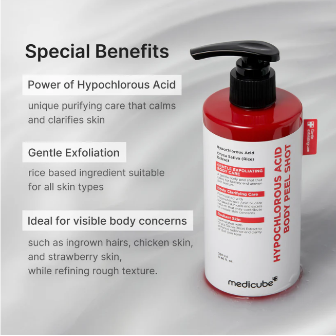 Medicube Hypochlorous Acid Body Peel Shot in a red and white pump bottle, shown next to text highlighting special benefits like power of hypochlorous acid and gentle exfoliation.