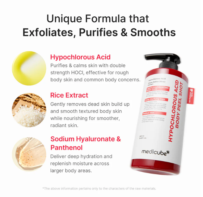 Medicube Hypochlorous Acid Body Peel Shot bottle on a white background with marketing text and three circular ingredient callouts.