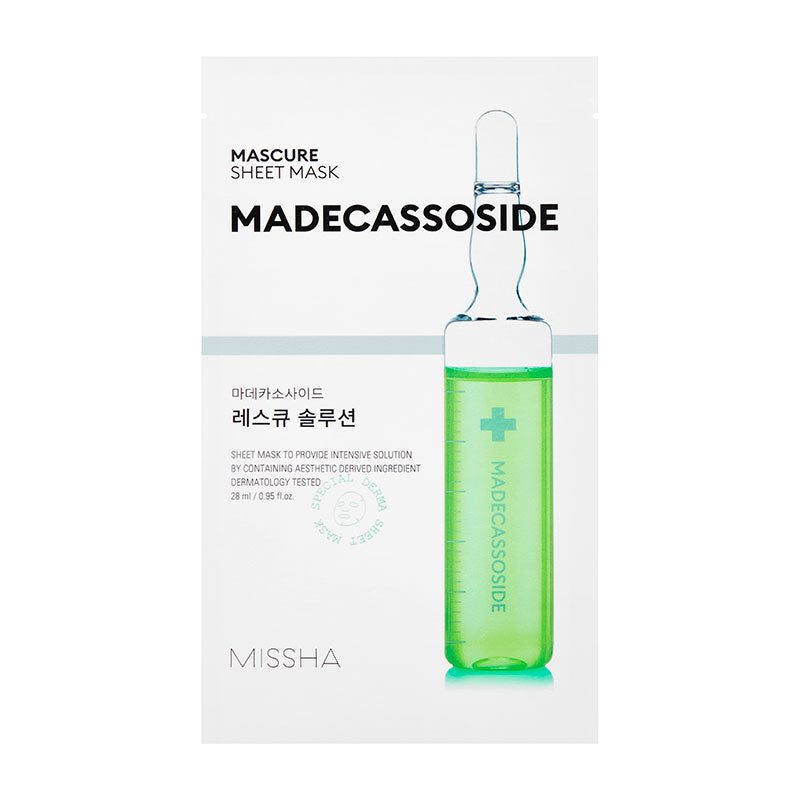 MISSHA Mascure Rescue Solution Sheet Mask (Madecasoside) Soothing 27ml SKIN CARE, Face Masks, Madecassoside, Korean sheet mask, Soothing face mask, Hydrating skincare, Sensitive skin mask, K-beauty essence, Skin barrier support