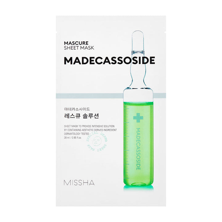 MISSHA Mascure Rescue Solution Sheet Mask (Madecasoside) Soothing 27ml SKIN CARE, Face Masks, Madecassoside, Korean sheet mask, Soothing face mask, Hydrating skincare, Sensitive skin mask, K-beauty essence, Skin barrier support