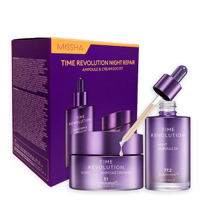 MISSHA Time Revolution Night Ampoule and Cream Fermentation Technology Duo Set SKIN CARE, Treatments, Serum & Essence, K-Beauty Gift Set, Fermented Skincare, Bifida Ferment Lysate, Skin Barrier Support, Deep Hydration, Night Ampoule Cream, Korean Skincare Routine