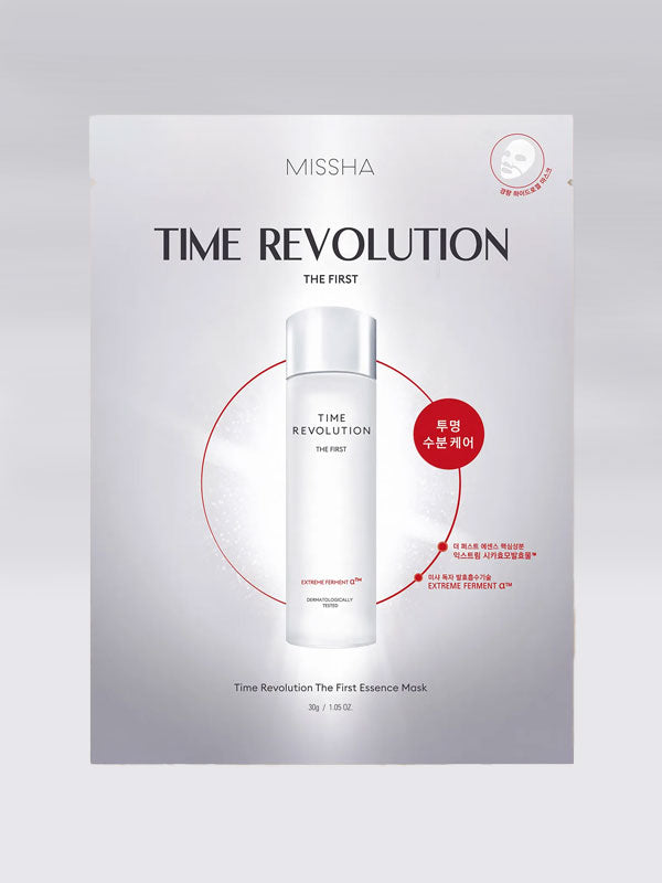 Missha Time Revolution skincare product packaging on a gray background