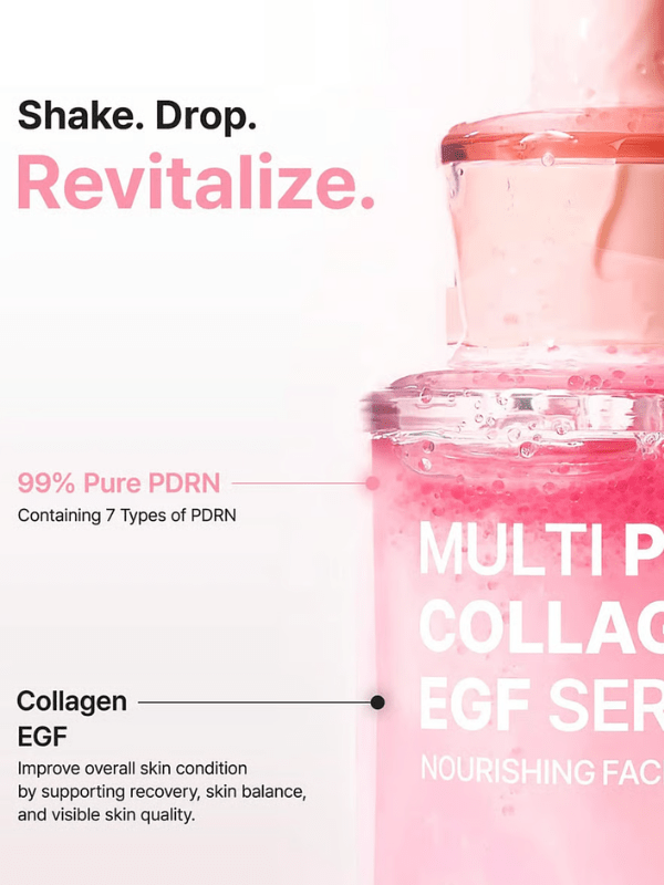 A close-up of a pink skincare bottle labeled 'MULTI P COLLAGEN EGF SER' with marketing text on a white background: 'Shake. Drop.