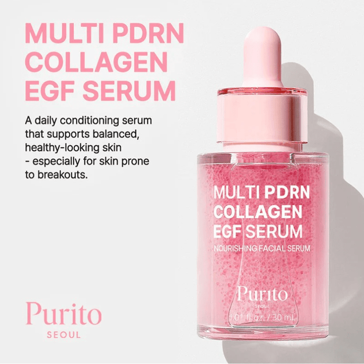 Purito Multi PDRN Collagen EGF Serum in a clear dropper bottle with pink liquid and a pink cap, shown next to descriptive text on a light gray background.