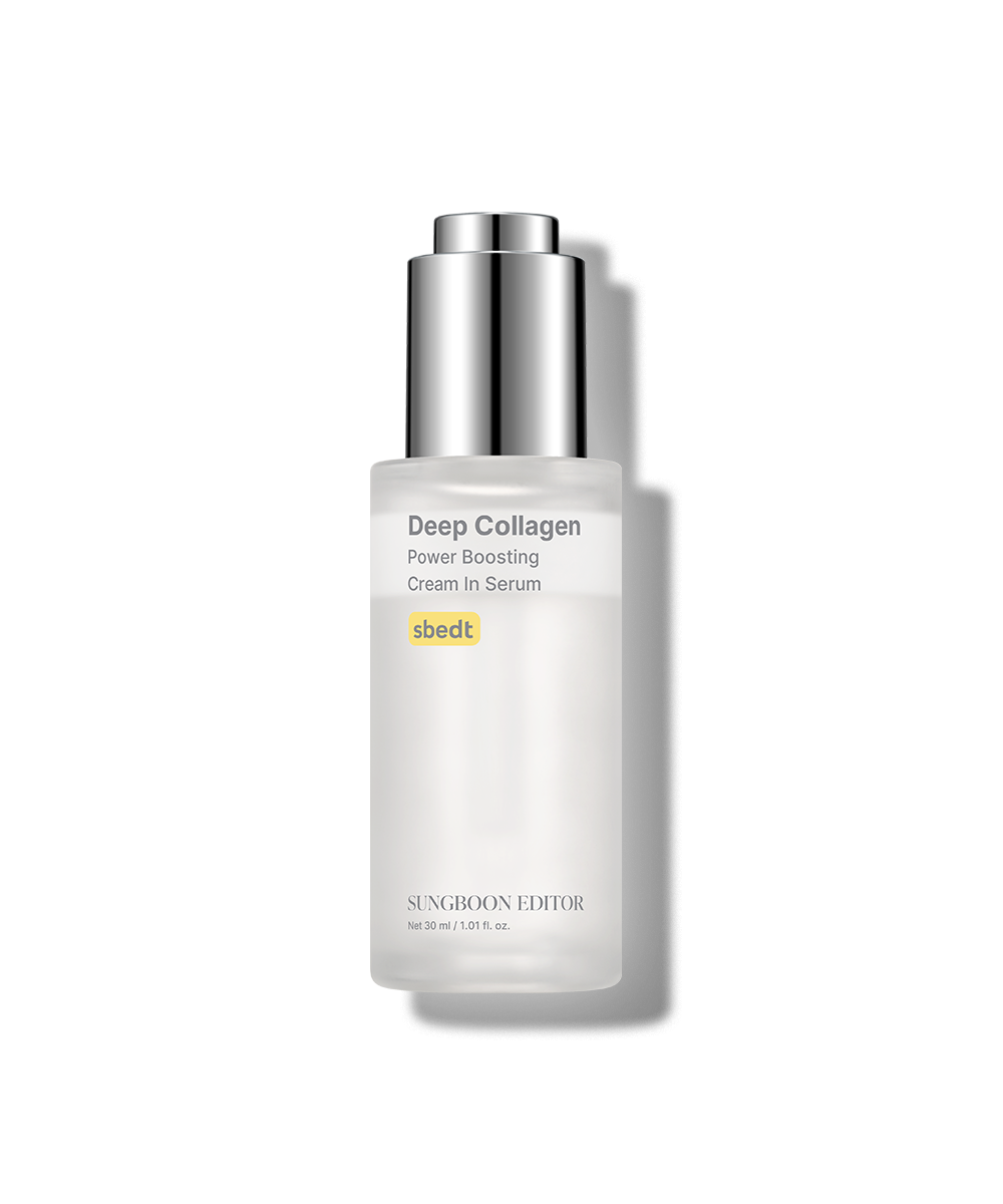 Skincare serum bottle labeled 'Deep Collagen Power Boosting Cream In Serum' on a white background